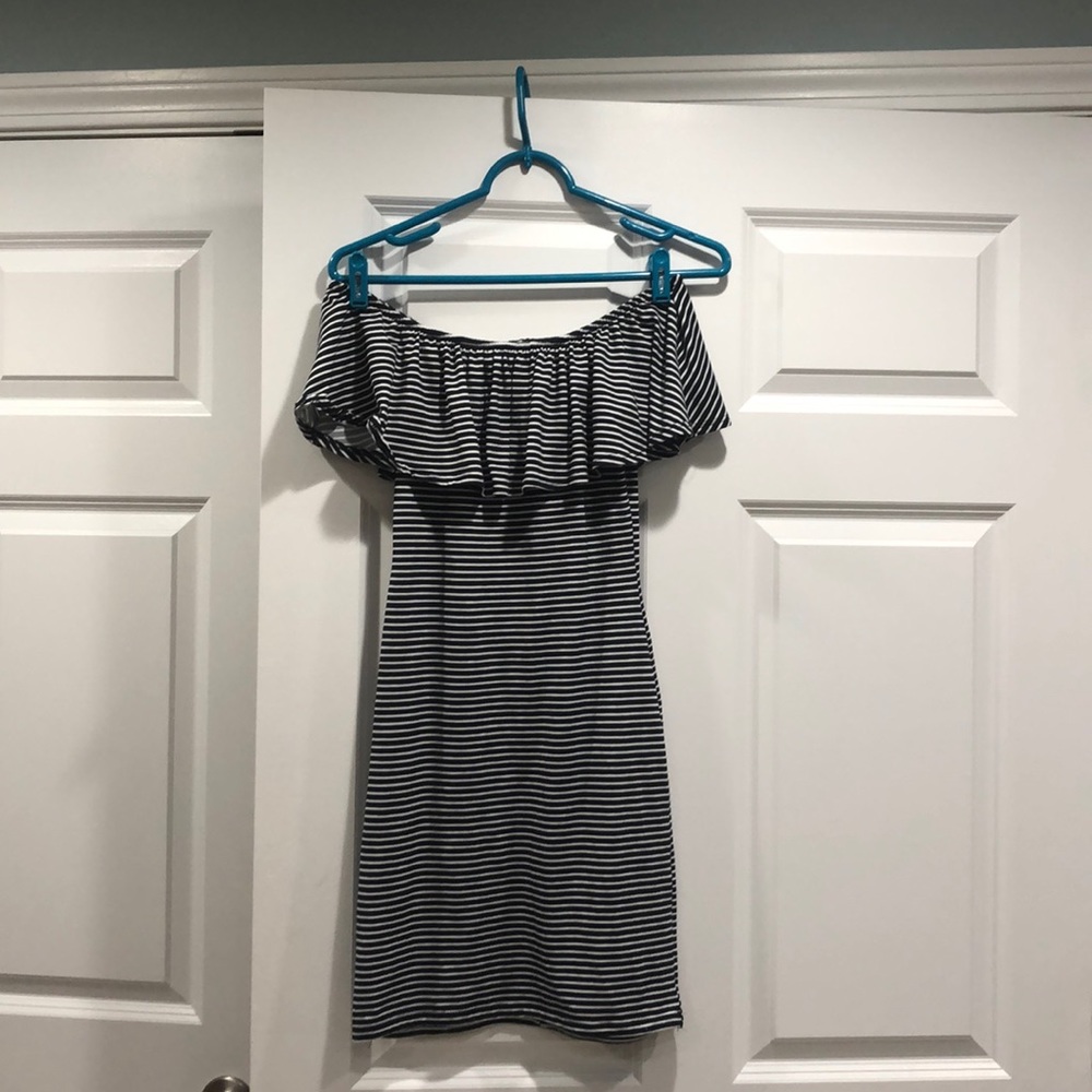 Navy and white striped off the shoulder dress